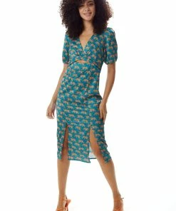 Liquorish Tiger Print Midi Dress with Cut Out Front in Petrol Blue