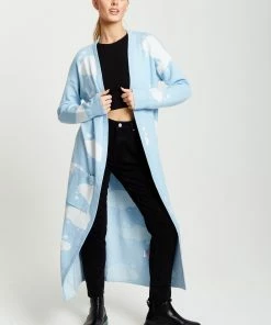 Liquorish Cloud Pattern Longline Cardigan in Light Blue