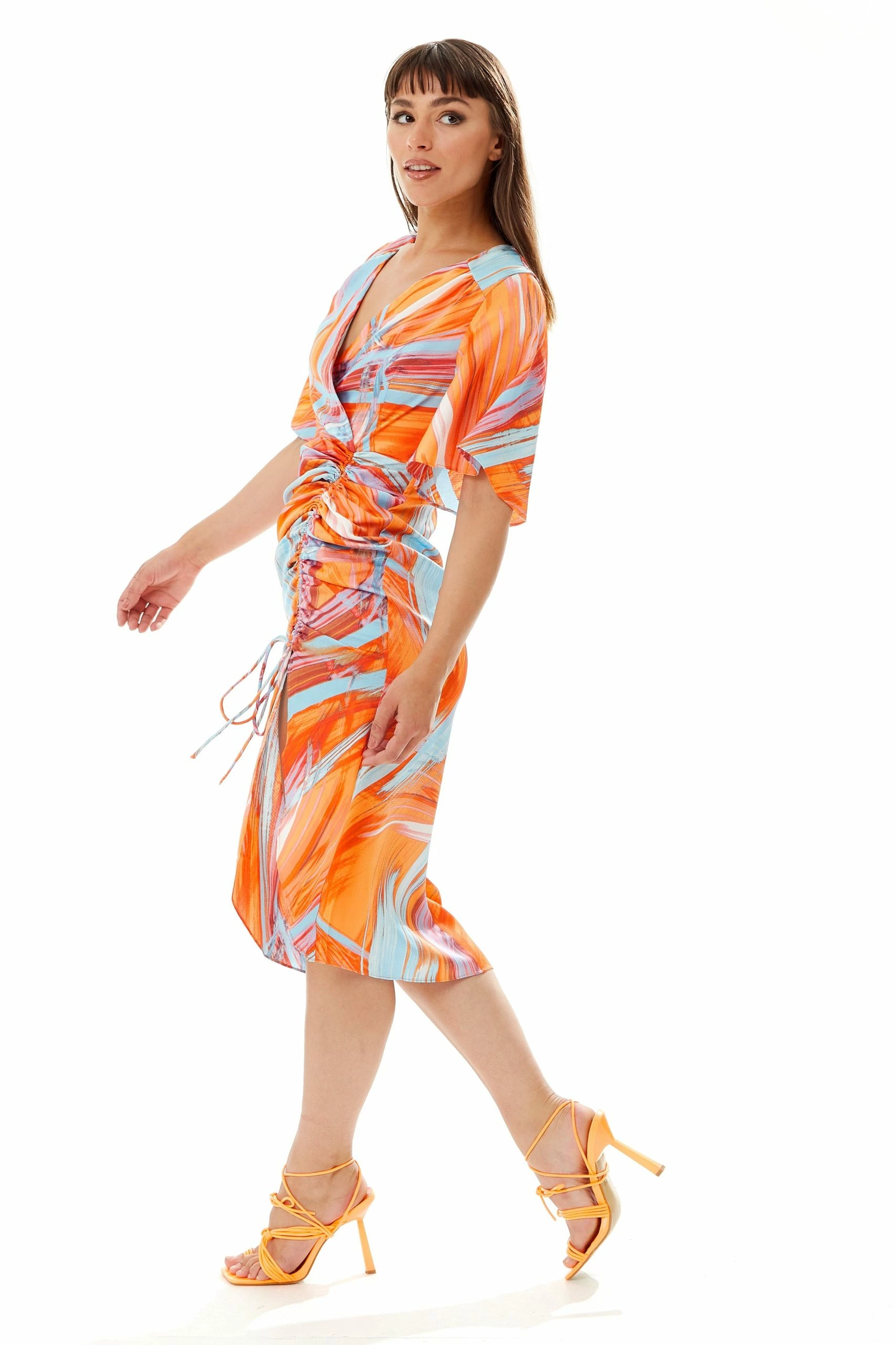 Liquorish Rouching Detail, Abstract Brush Stroke Print Midi Dress in Orange 5 Liquorish Rouching Detail, Abstract Brush Stroke Print Midi Dress in Orange - Image 3