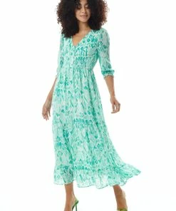 Liquorish Floral Maxi Chiffon Dress in Green and White