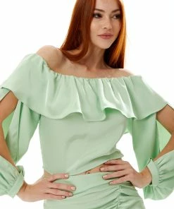 Liquorish ruffle long sleeve off the shoulder top with sleeve slits in mint green -Liquorish Sales Store 06c13626f663465a89ea0ca2467117e0 scaled