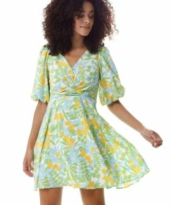 Liquorish Yellow Floral Summer Dress with Tie Waist - Multicolour