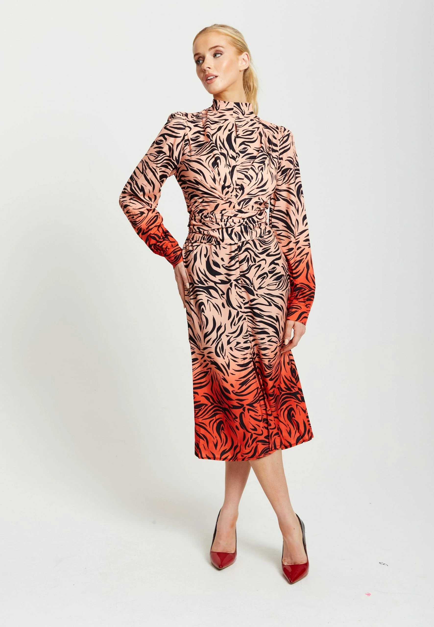 Liquorish Zebra Print Midi Dress with High neck and Draped Waist Detail in Orange and Nude 4 Liquorish Zebra Print Midi Dress with High neck and Draped Waist Detail in Orange and Nude - Image 2