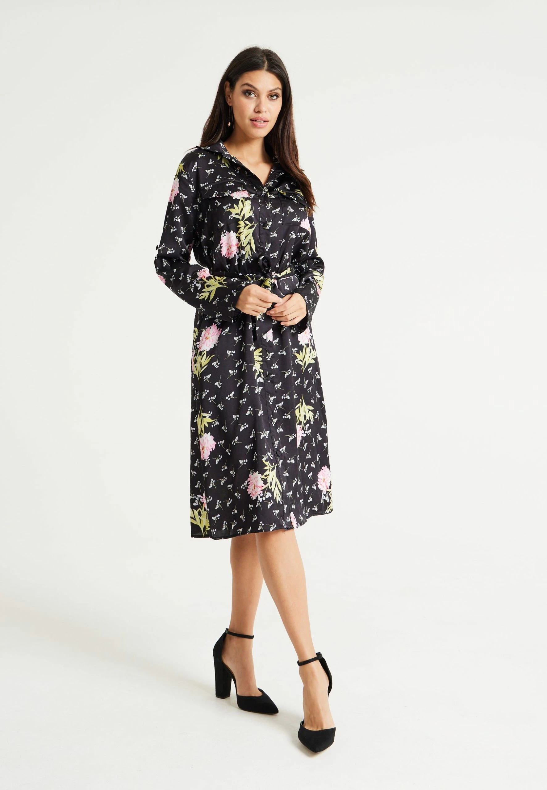Liquorish Pink Floral Print Shirt Dress in Black 7 Liquorish Pink Floral Print Shirt Dress in Black - Image 5