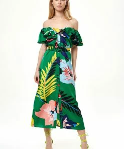 Liquorish Belted Midi Dress with Off Shoulder Sleeves in Green Floral Print