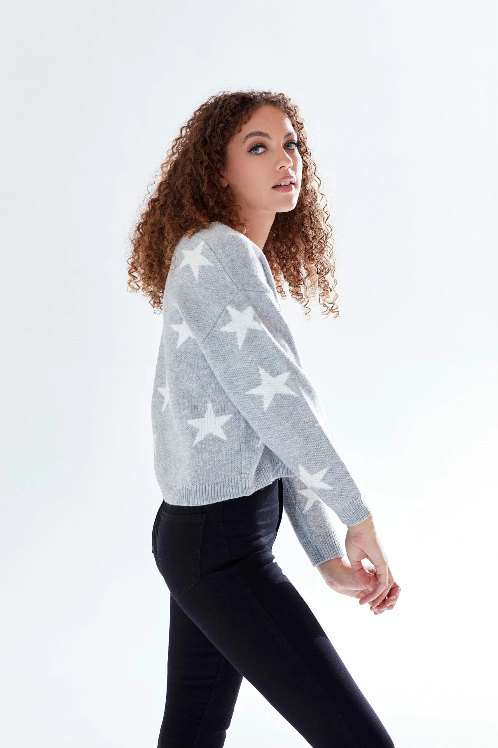 Liquorish Star Pattern V-Neck Button Down Cardigan in Grey & White 4 Liquorish Star Pattern V-Neck Button Down Cardigan in Grey & White - Image 2