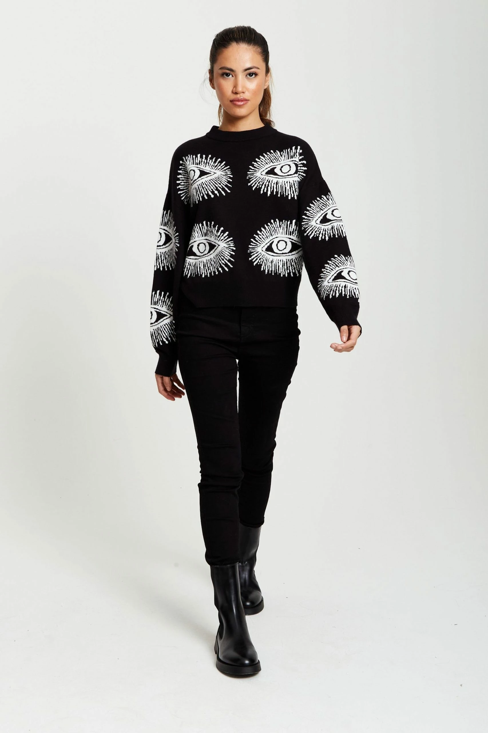 Liquorish Eye Pattern Jumper in Black - Black/White 4 Liquorish Eye Pattern Jumper in Black - Black/White - Image 2