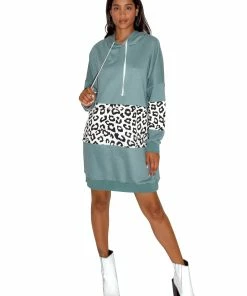 Liquorish Oversized Loungewear Hoodie Dress in Sage and Leopard Print - Mint