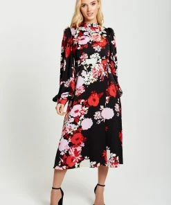 Liquorish Rose Print Midi Wrap Dress with Open Back Detail - Black