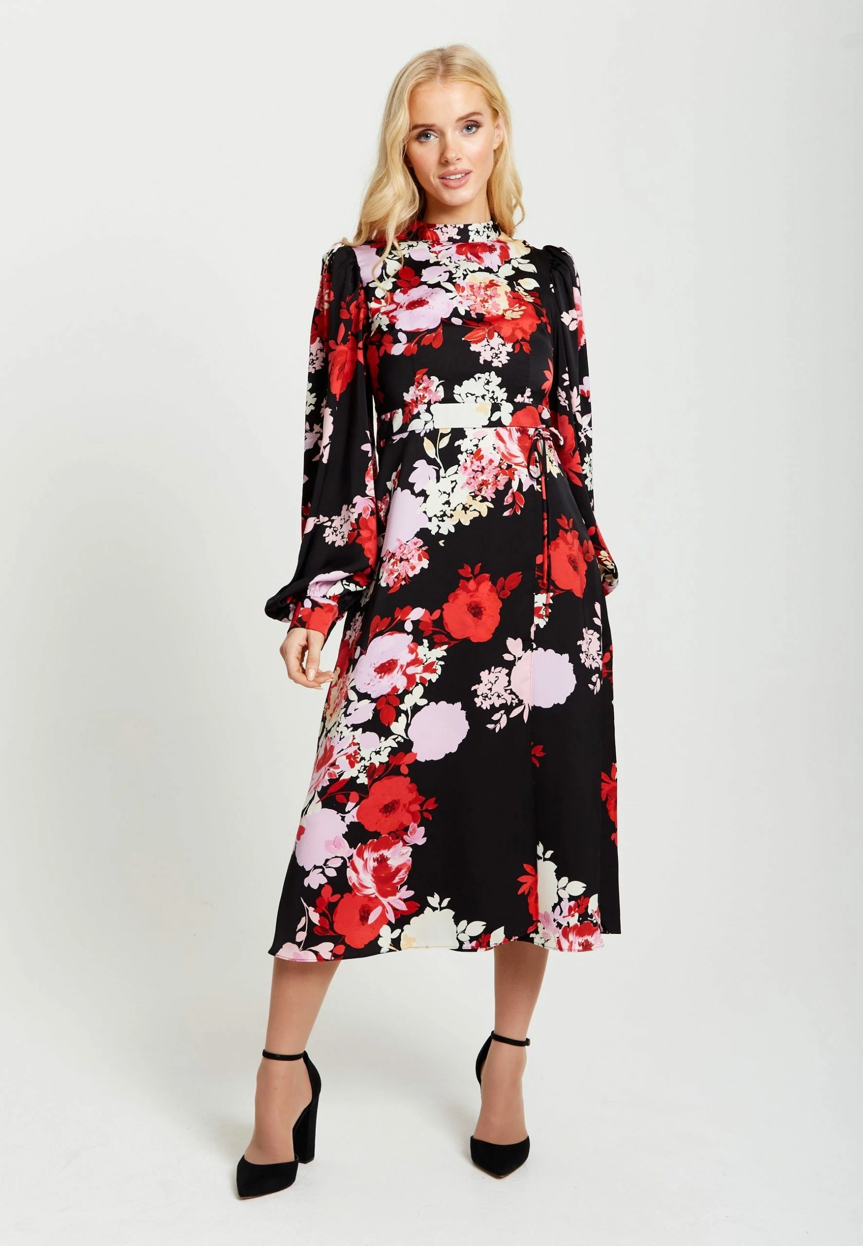 Liquorish Rose Print Midi Wrap Dress with Open Back Detail - Black 3 Liquorish Rose Print Midi Wrap Dress with Open Back Detail - Black