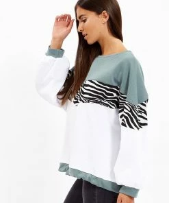Liquorish Sage & Zebra & White Layered Sweatshirt - Multicolour -Liquorish Sales Store 10b0f62861b44ce7bc499c252e0d940e