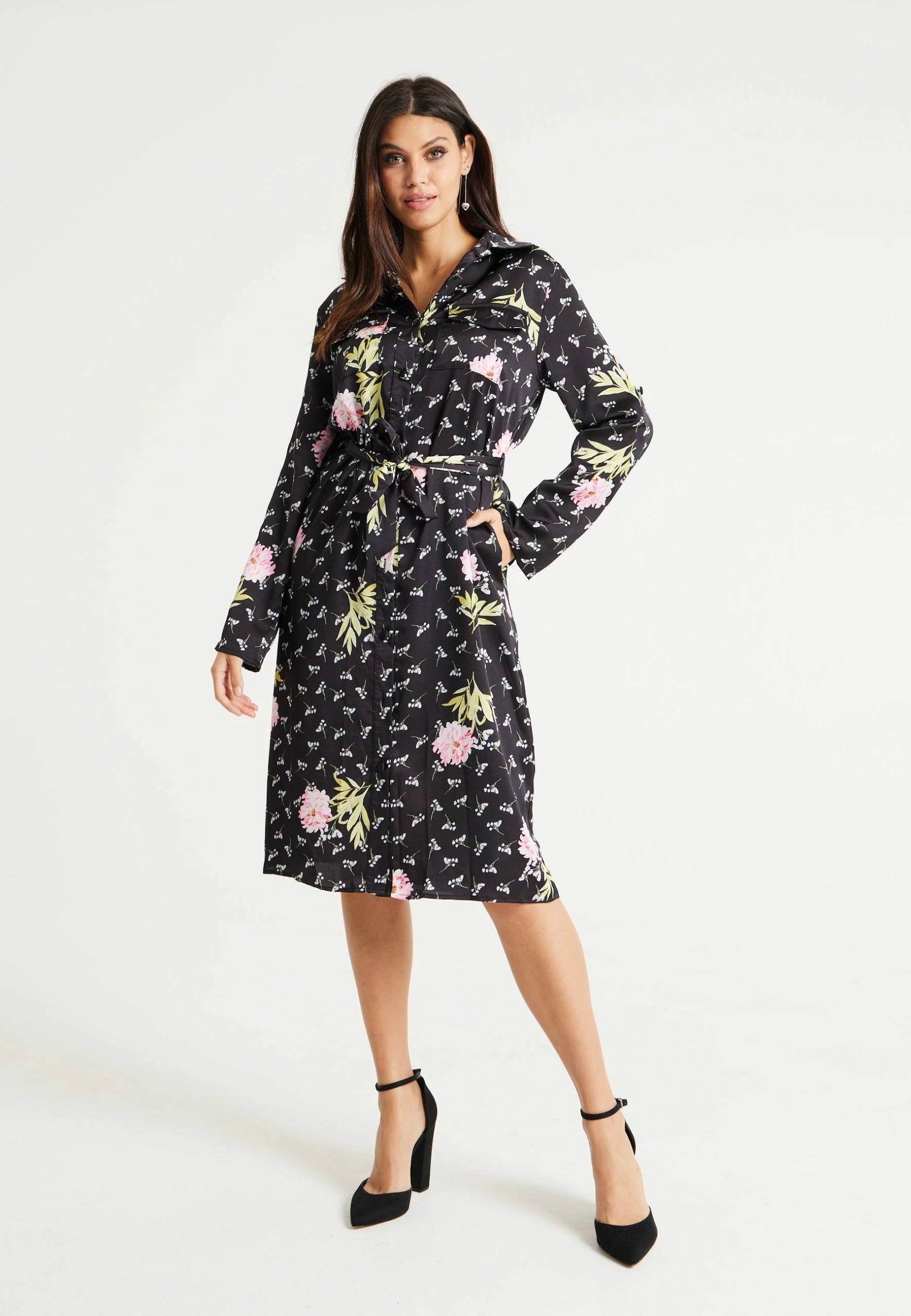 Liquorish Pink Floral Print Shirt Dress in Black 4 Liquorish Pink Floral Print Shirt Dress in Black - Image 2
