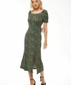 Liquorish Fitted Midi Dress in Khaki Animal Print - Green