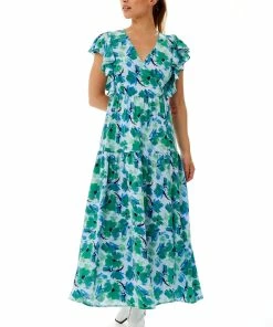 Liquorish Floral Maxi Wrap Dress in Green and Blue