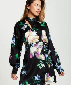 Liquorish Elegant Floral Print Mini Wrap Dress with Cut Out Detail - Multicolour