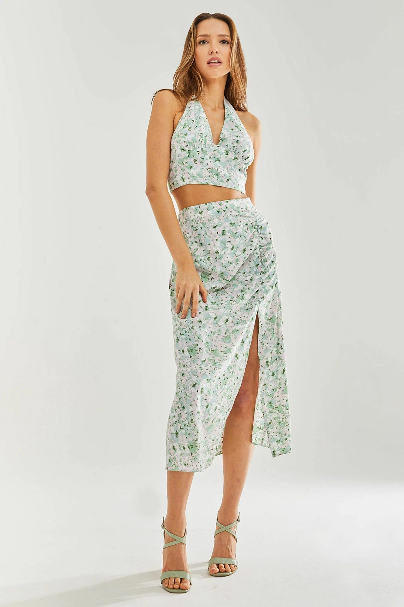 Liquorish Green Floral Halterneck Crop Top 5 Liquorish Green Floral Halterneck Crop Top - Image 3