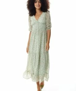 Liquorish Floral Maxi Chiffon Dress in Mint Green