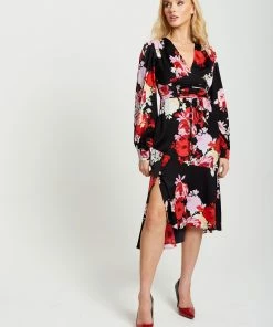 Liquorish Rose Print Midi Lace Up Dress in Red and Pink - Multicolour