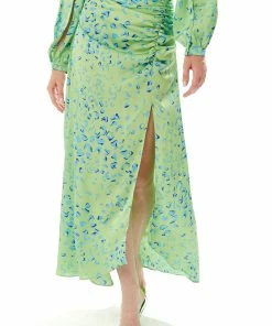 Liquorish Gathered Front Maxi Skirt With a Slit in Green Animal