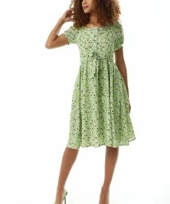 Liquorish Green Floral Midi Dress with Trim Lace Details