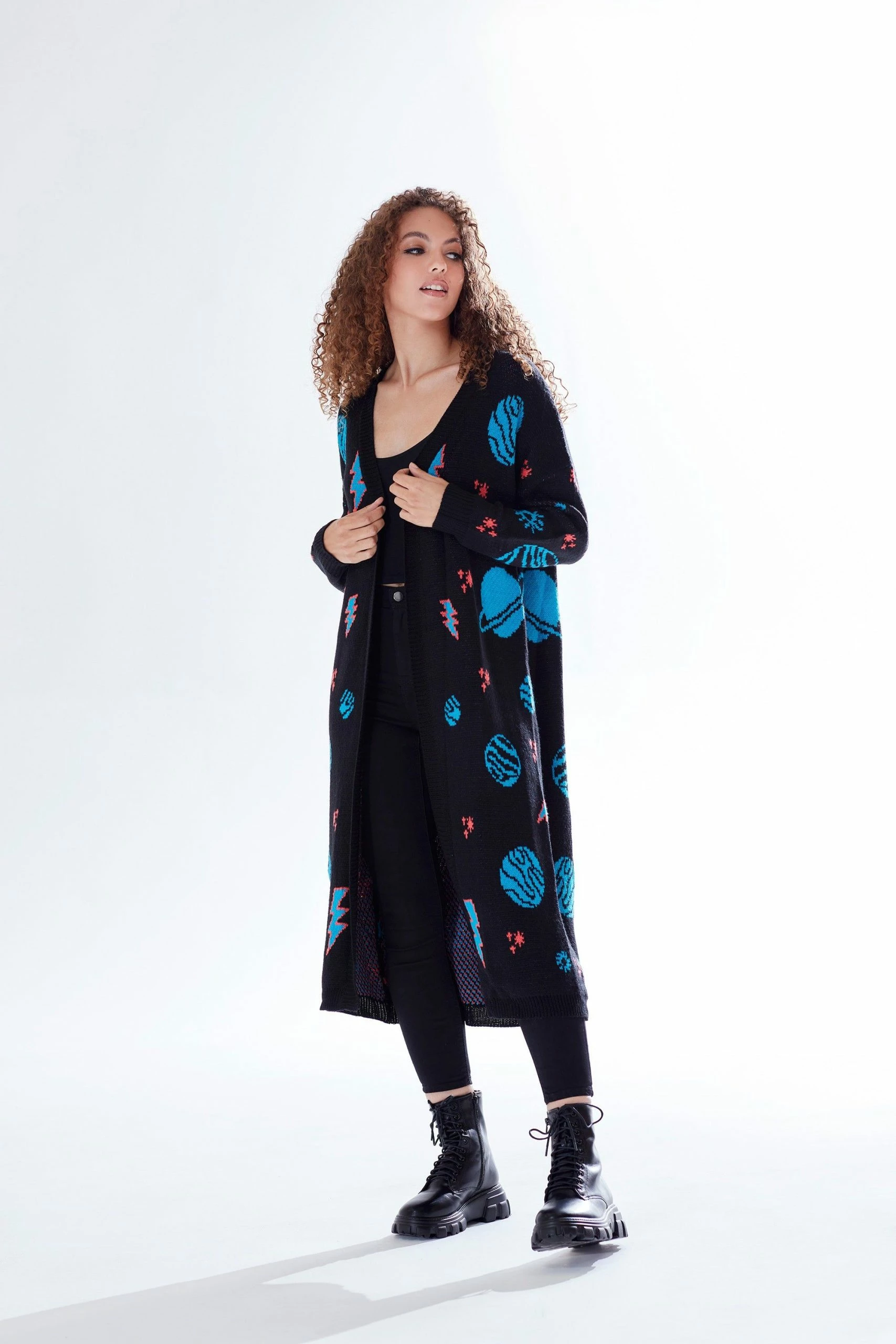 Liquorish Cosmic Pattern Open Front Cardigan in Black, Turquoise & Orange 4 Liquorish Cosmic Pattern Open Front Cardigan in Black, Turquoise & Orange - Image 2