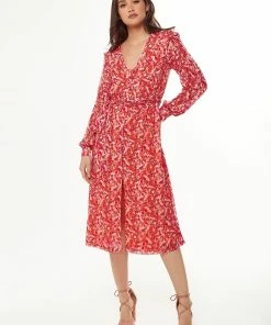 Liquorish Floral & Foil Print Midi Dress in Red