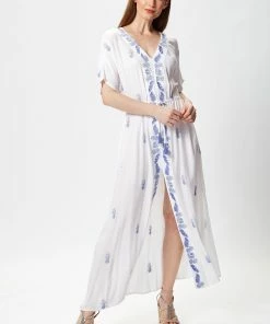 Liquorish White Maxi Beach Dress with Blue Pineapple Embroidery