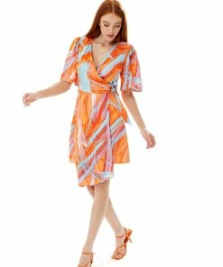 Liquorish Mini Abstract Print Wrap Dress in Orange