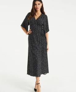 Liquorish Polka Dot Midi Wrap Dress in Black with Kimono Sleeves