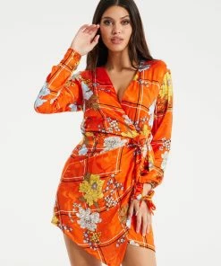 Liquorish Checked Floral Print Mini Wrap Dress - Orange