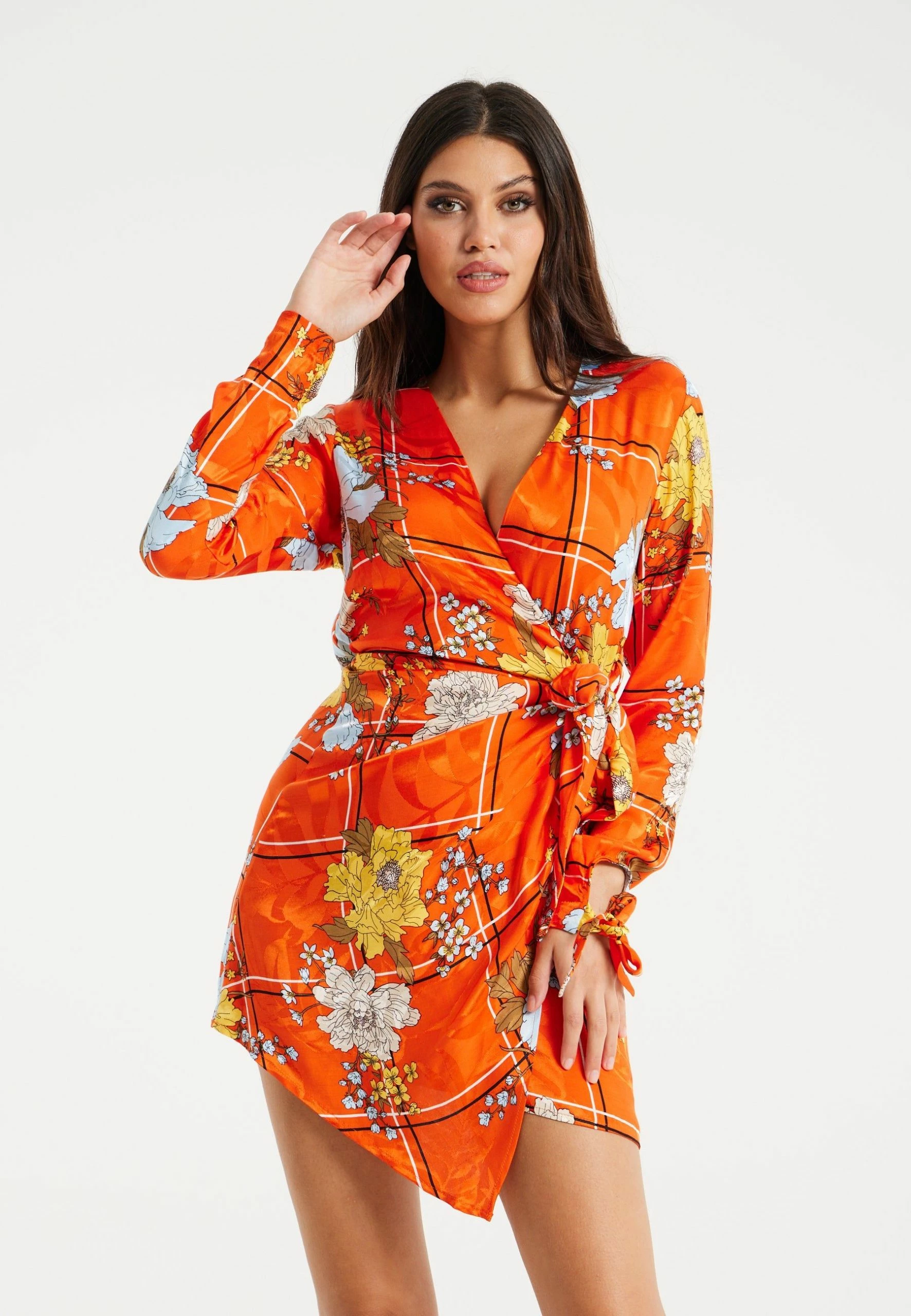 Liquorish Checked Floral Print Mini Wrap Dress - Orange 3 Liquorish Checked Floral Print Mini Wrap Dress - Orange
