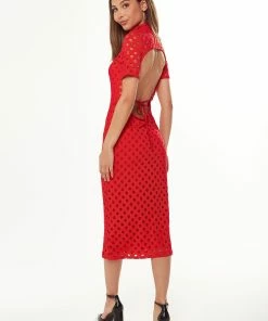 Liquorish Midi Dress with High Neck, Short Sleeves and Open Back Detail in Red -Liquorish Sales Store 1fd95a7661aa472a89c6def7c7a19ae7