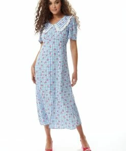 Liquorish Gingham and Floral Midi Dress in Blue and White with Trim Lace Collar