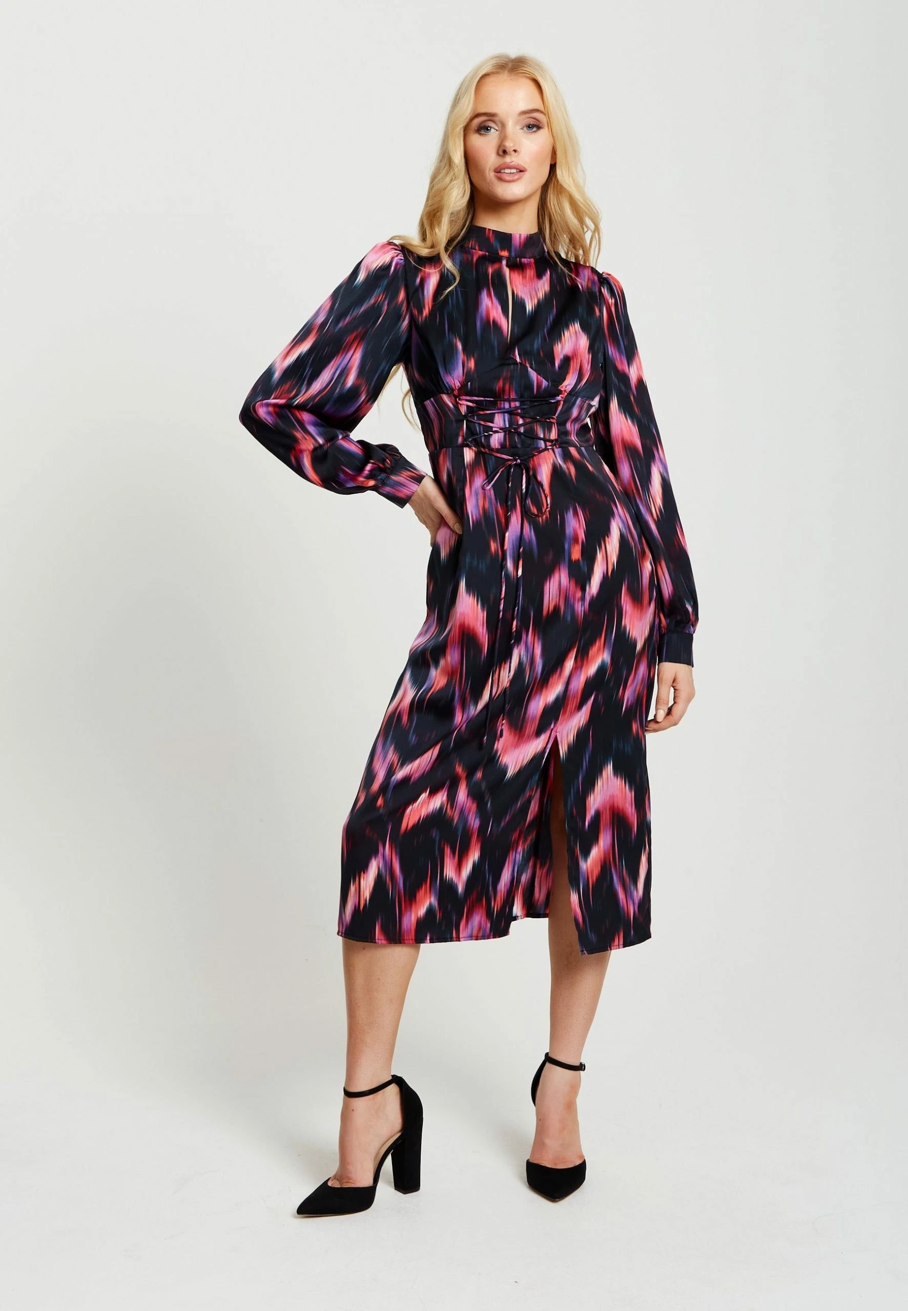 Liquorish Abstract Ikat Print Midi Lace up dress in Black and Pink 4 Liquorish Abstract Ikat Print Midi Lace up dress in Black and Pink - Image 2