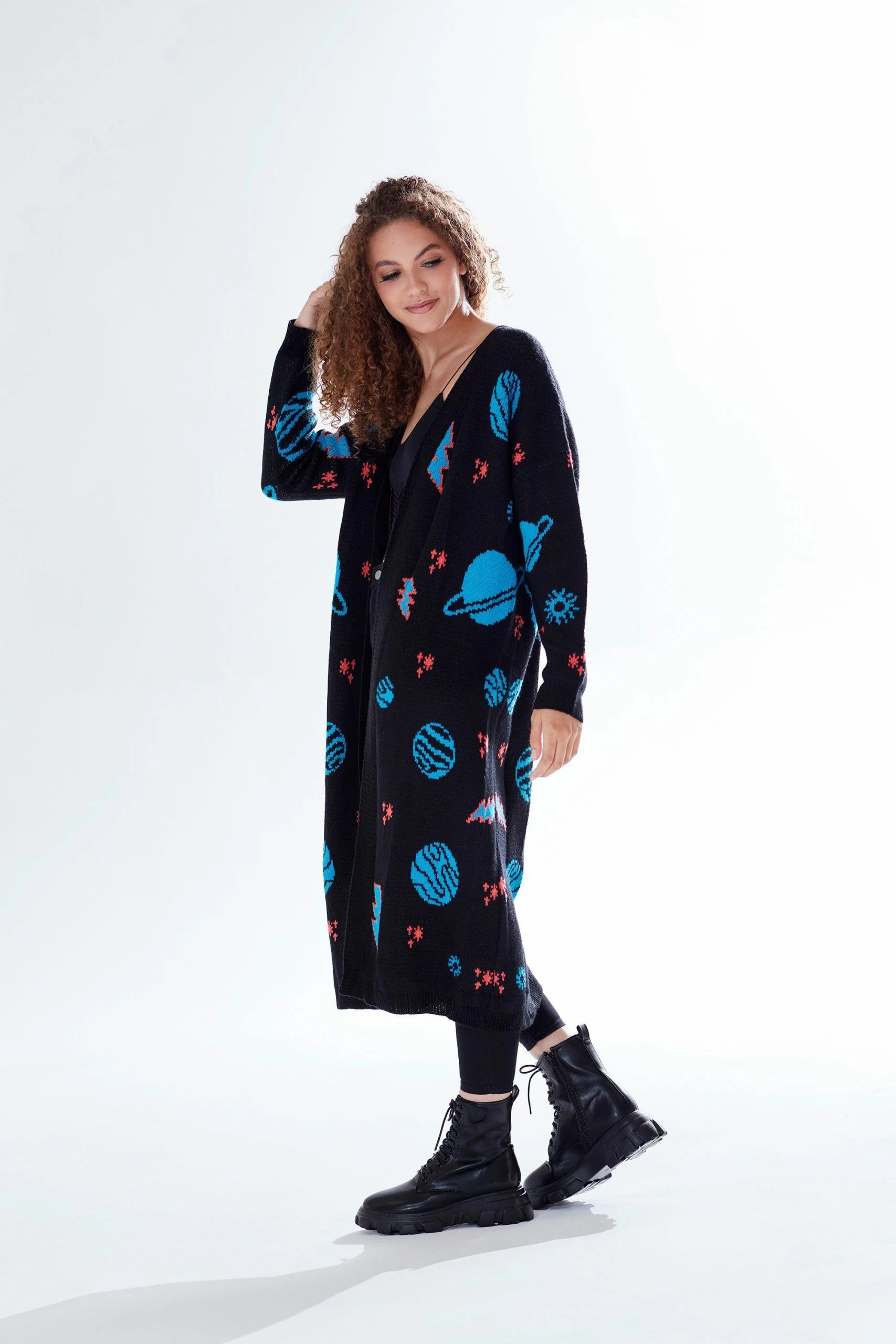 Liquorish Cosmic Pattern Open Front Cardigan in Black, Turquoise & Orange 6 Liquorish Cosmic Pattern Open Front Cardigan in Black, Turquoise & Orange - Image 4