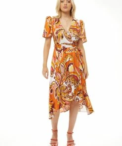 LIQUORISH FAKE WRAP MIDI DRESS IN ORNGE FLORAL - Orange