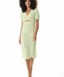 Liquorish Gingham Cut out front Midi Dress in Green and White