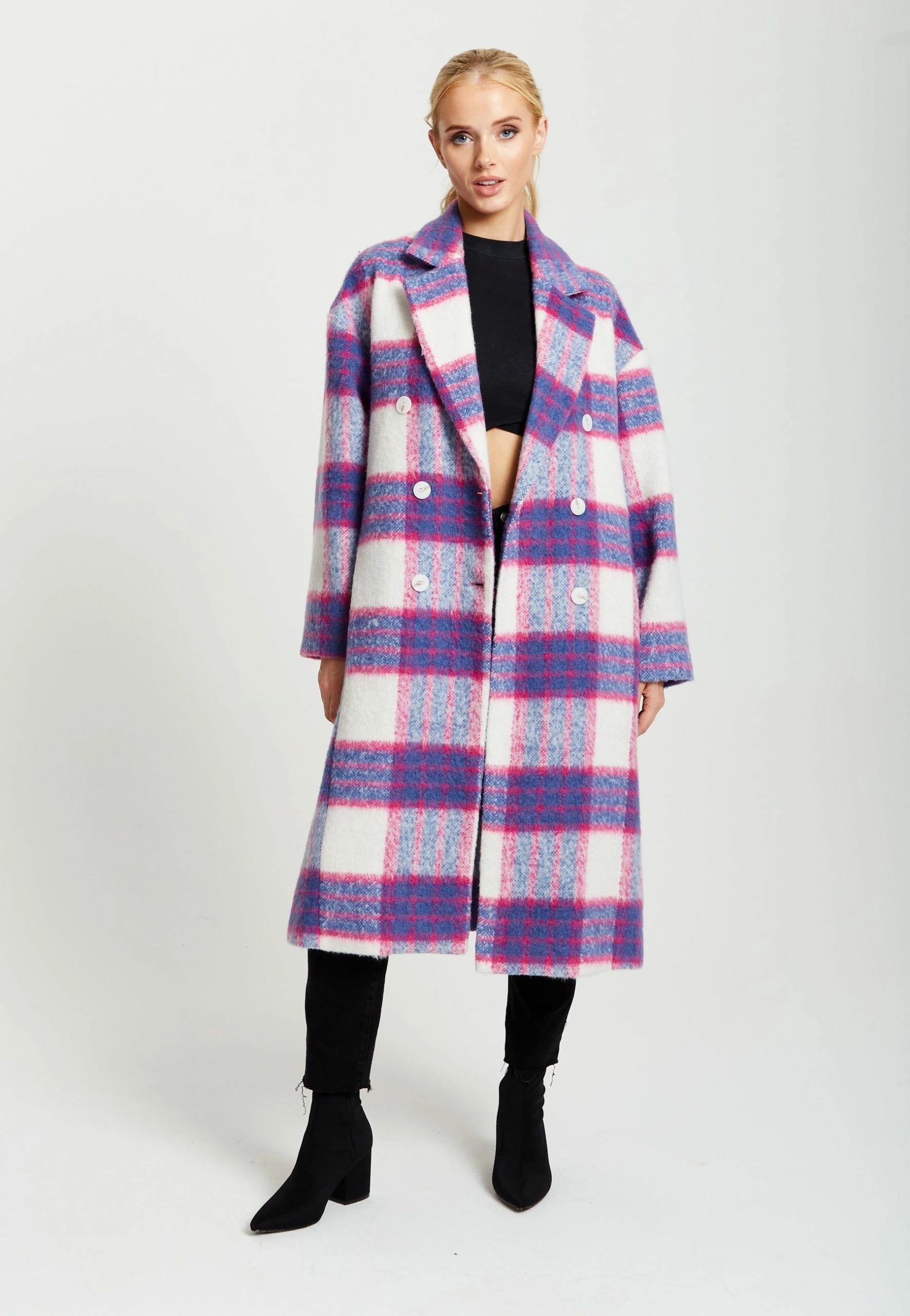 Liquorish Longline Coat in Pink and Navy Checks - Multicolour 5 Liquorish Longline Coat in Pink and Navy Checks - Multicolour - Image 3