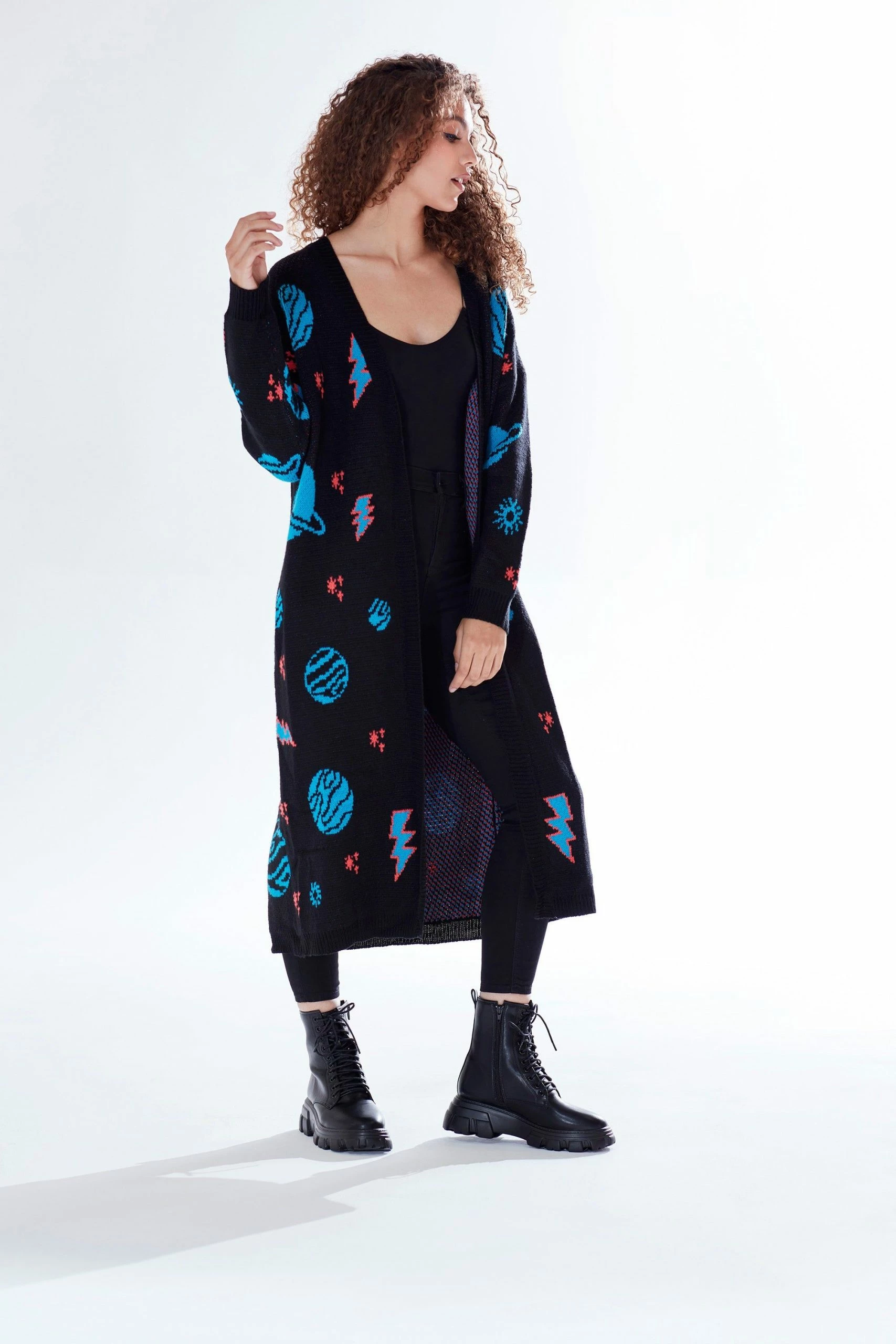 Liquorish Cosmic Pattern Open Front Cardigan in Black, Turquoise & Orange 7 Liquorish Cosmic Pattern Open Front Cardigan in Black, Turquoise & Orange - Image 5