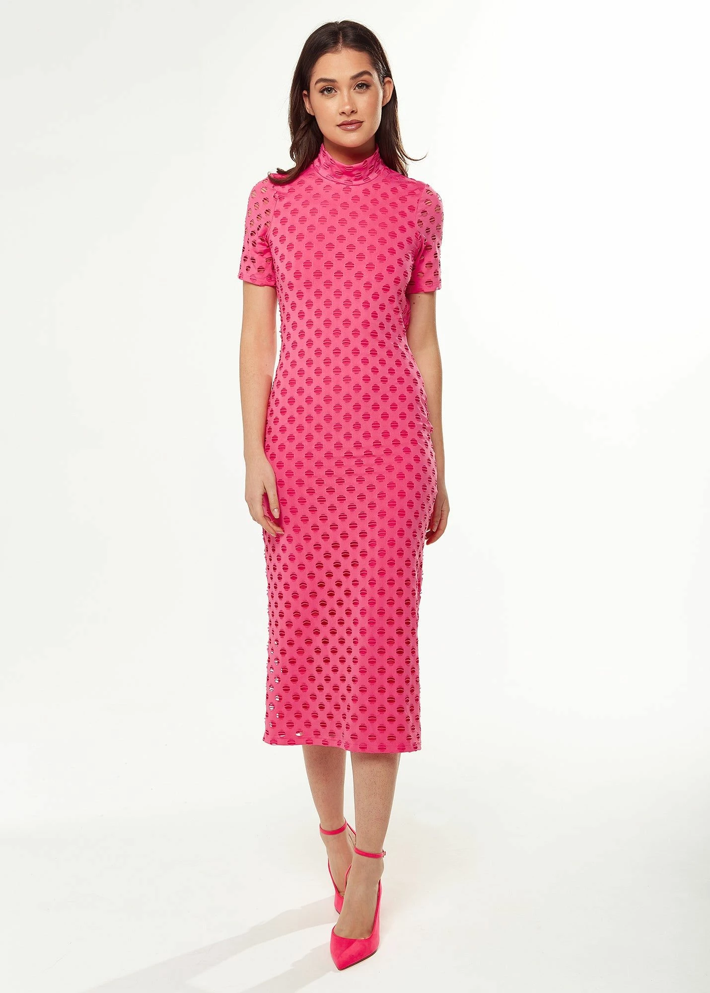 Liquorish Midi Dress with High Neck, Short Sleeves and Open Back Detail in Pink 4 Liquorish Midi Dress with High Neck, Short Sleeves and Open Back Detail in Pink - Image 2
