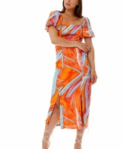 Liquorish Abstract Print Midi Dress With a Square neck and Low Back in Orange -Liquorish Sales Store 296f1b4a98f44a498543aab9b321a49d scaled