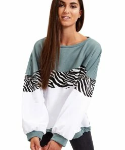 Liquorish Sage & Zebra & White Layered Sweatshirt - Multicolour