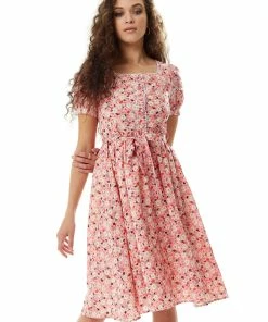 Liquorish Pink Floral Midi Dress with Trim Lace Details