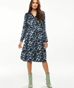 Liquorish Floral Print Shirt Dress in Multicolour & Navy