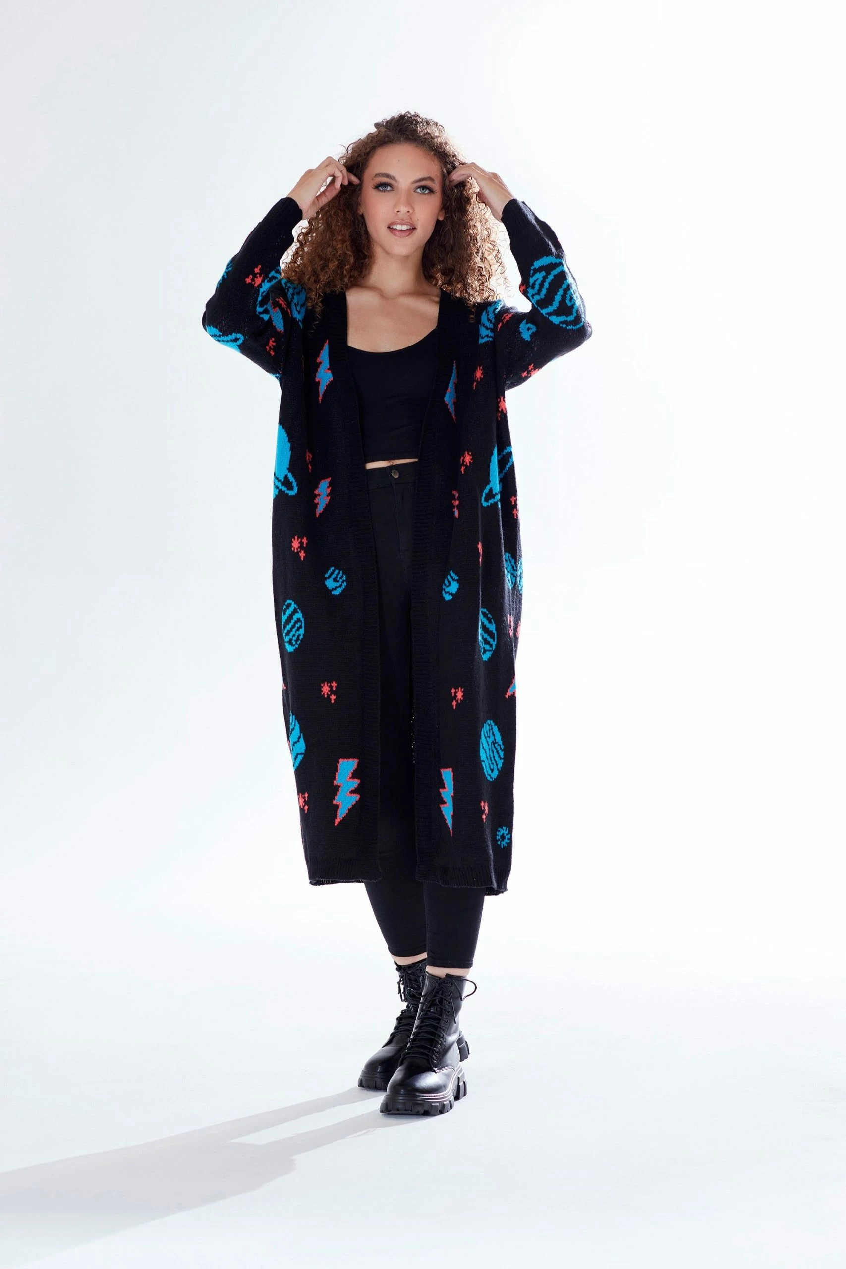 Liquorish Cosmic Pattern Open Front Cardigan in Black, Turquoise & Orange 5 Liquorish Cosmic Pattern Open Front Cardigan in Black, Turquoise & Orange - Image 3