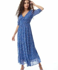 Liquorish Floral Maxi Chiffon Dress in Dark Blue