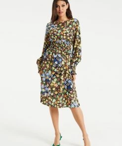 Liquorish Floral Print Midi Dress with Smock Waist in Multicolour