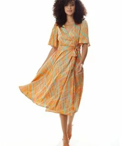 Liquorish Midi Wrap Dress in Orange Scribble Print