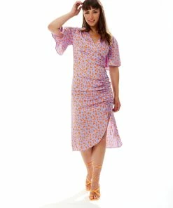 Liquorish Midi Wrap Dress With Cheetah Print In Lilac and Orange