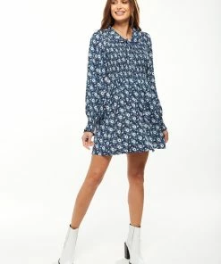 Liquorish Floral Print Smock Mini Dress with Peter Pan Collar in Blue